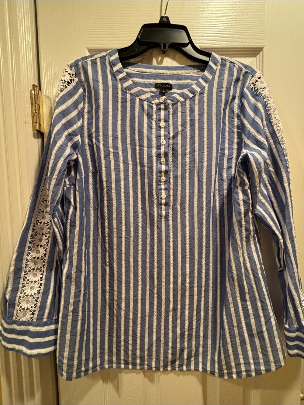Talbots Blue and White Striped Button-Front Lace-Trim Blouse